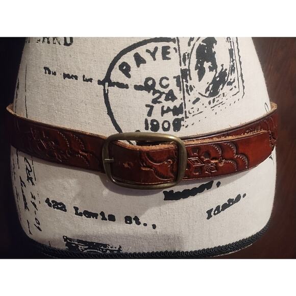 Vintage Womens Tooled Leather Belt L/XL Brown Floral Bohemian Western 33-37 main image 8